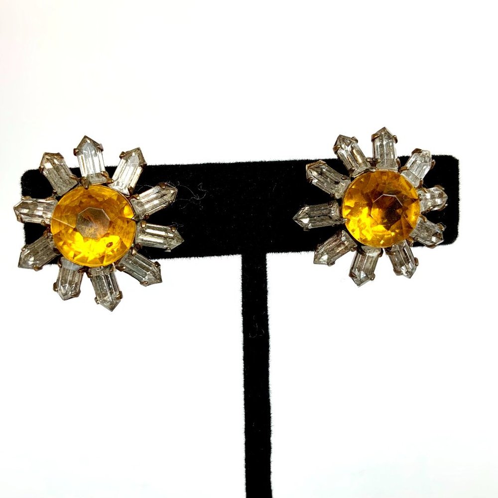 Vintage Sterling Silver Crystal Rhinestones Daisy Earrings Screw Back - Picture 6 of 16